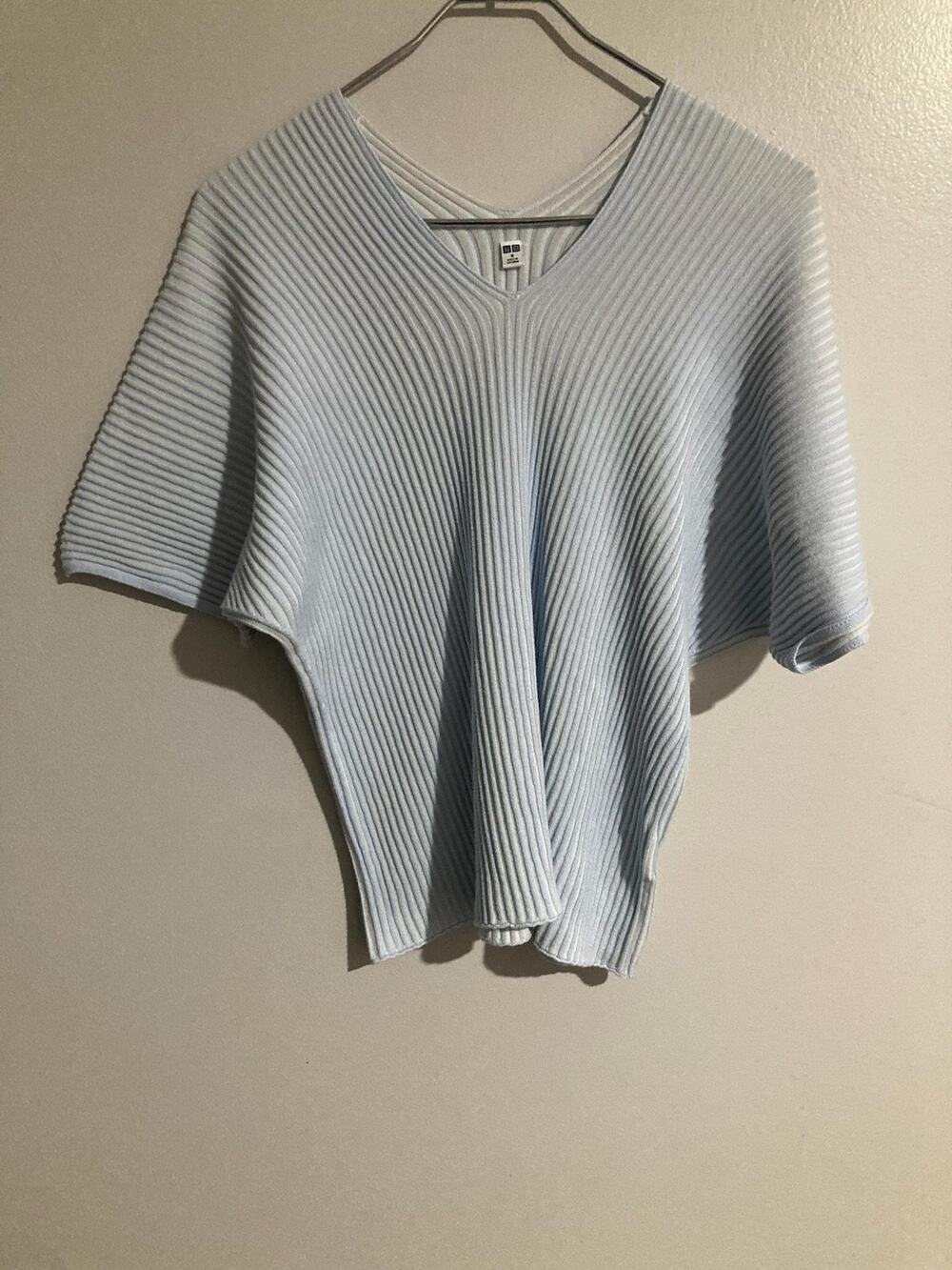 Uniqlo Sweater Womens M Blue Cape V Neck Kimono Sleeve 100% Cotton Knit